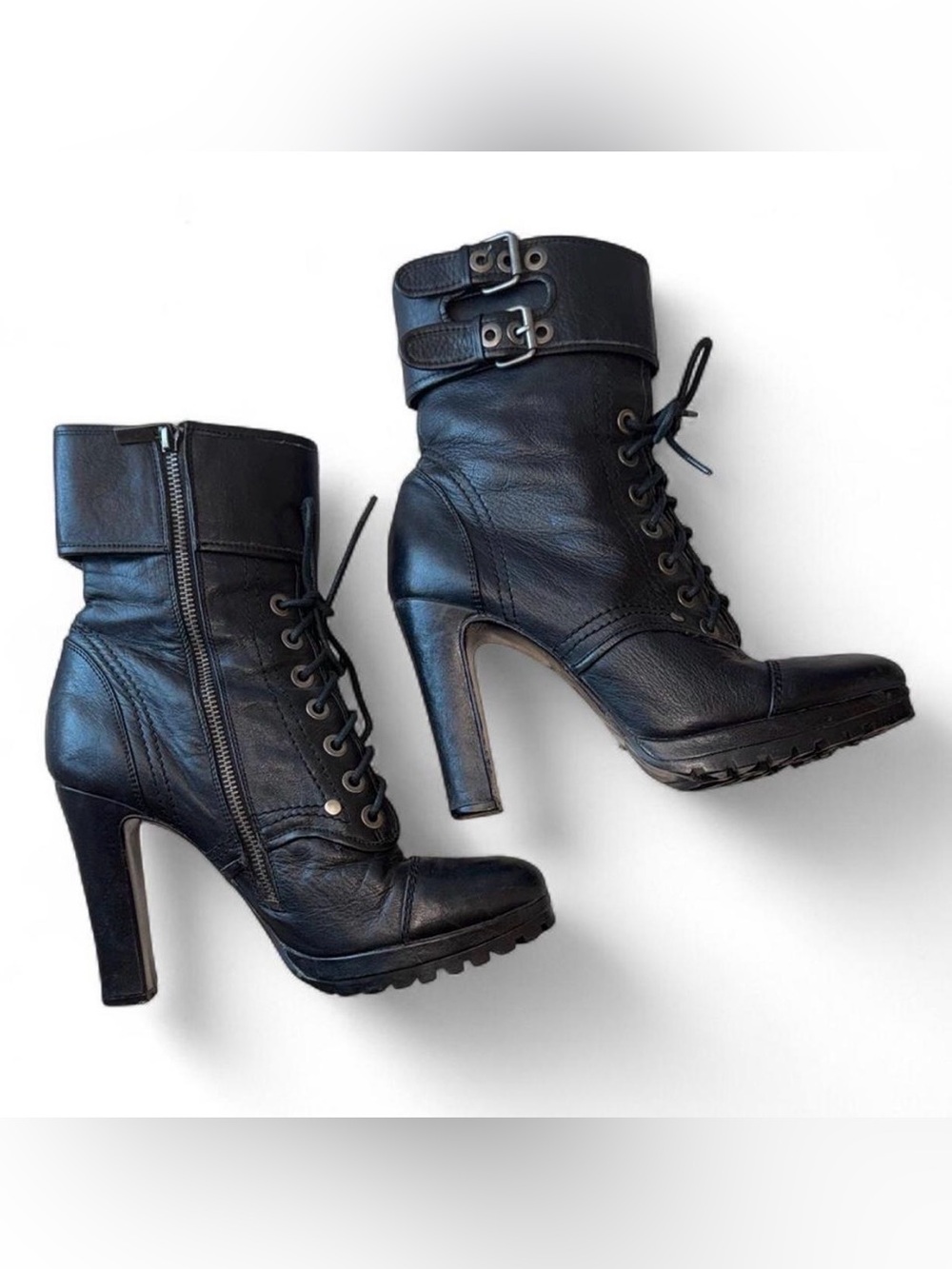 Dolce Vita Black Leather Lace-Up Buckle Ankle Boots Size 10
